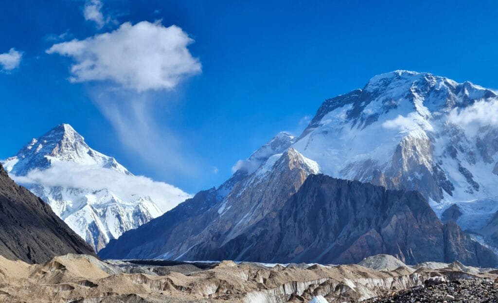 A view of K2 & Broad Peak in the Karakoram mountains of Pakistan